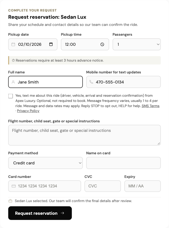 Booking form with the optional, unchecked SMS consent checkbox below the mobile number field